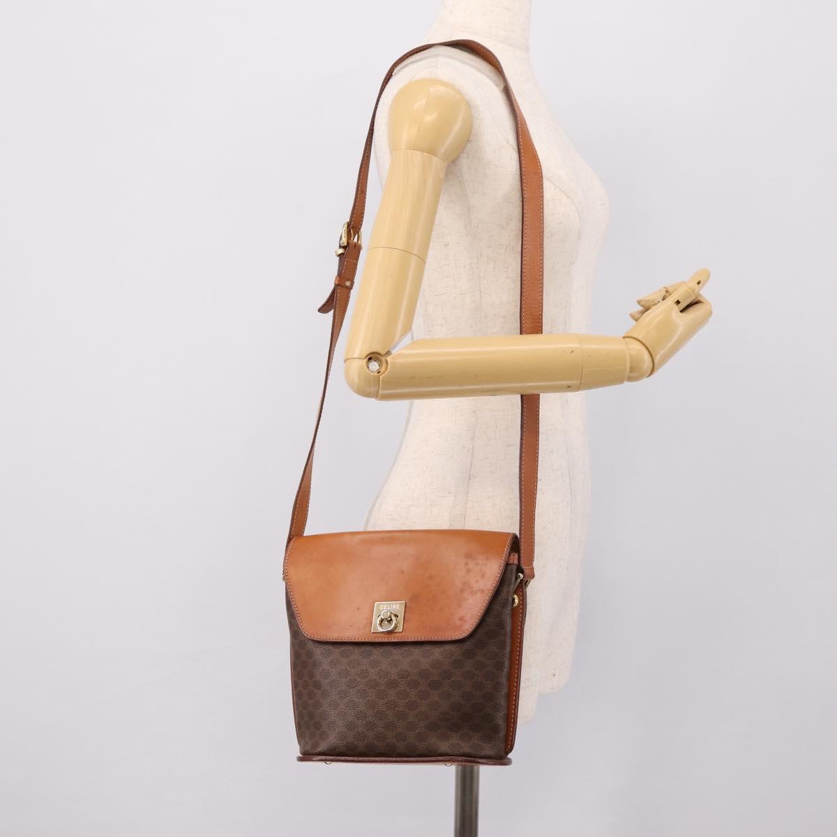 CELINE Macadam Canvas Shoulder Bag PVC Leather Brown Gold Auth mr2861