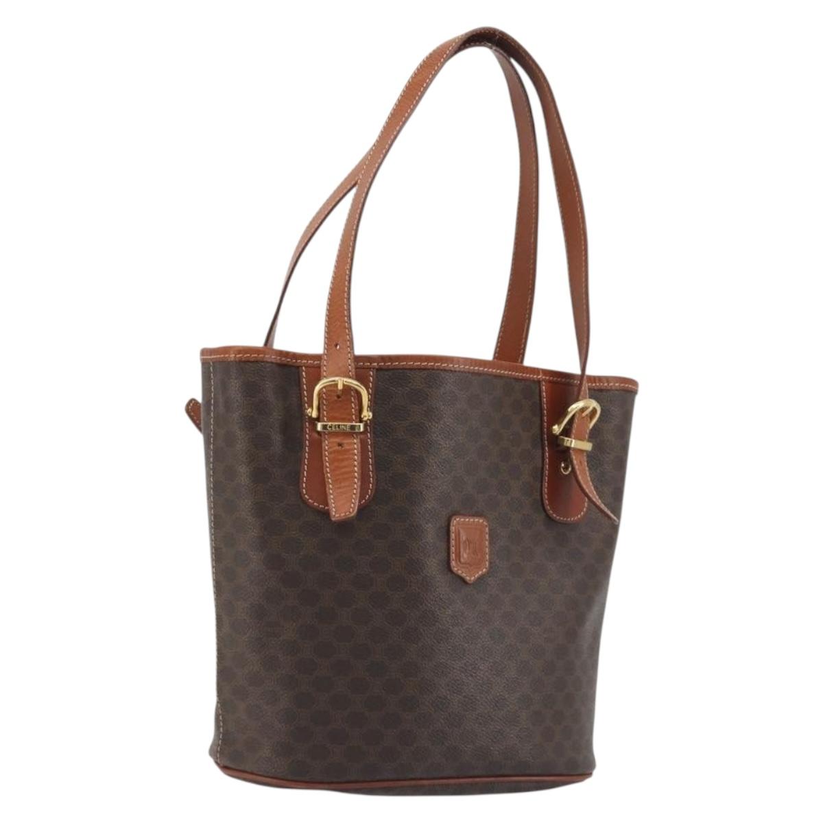 CELINE Macadam Canvas Tote Bag PVC Leather Brown Gold Auth mr2863
