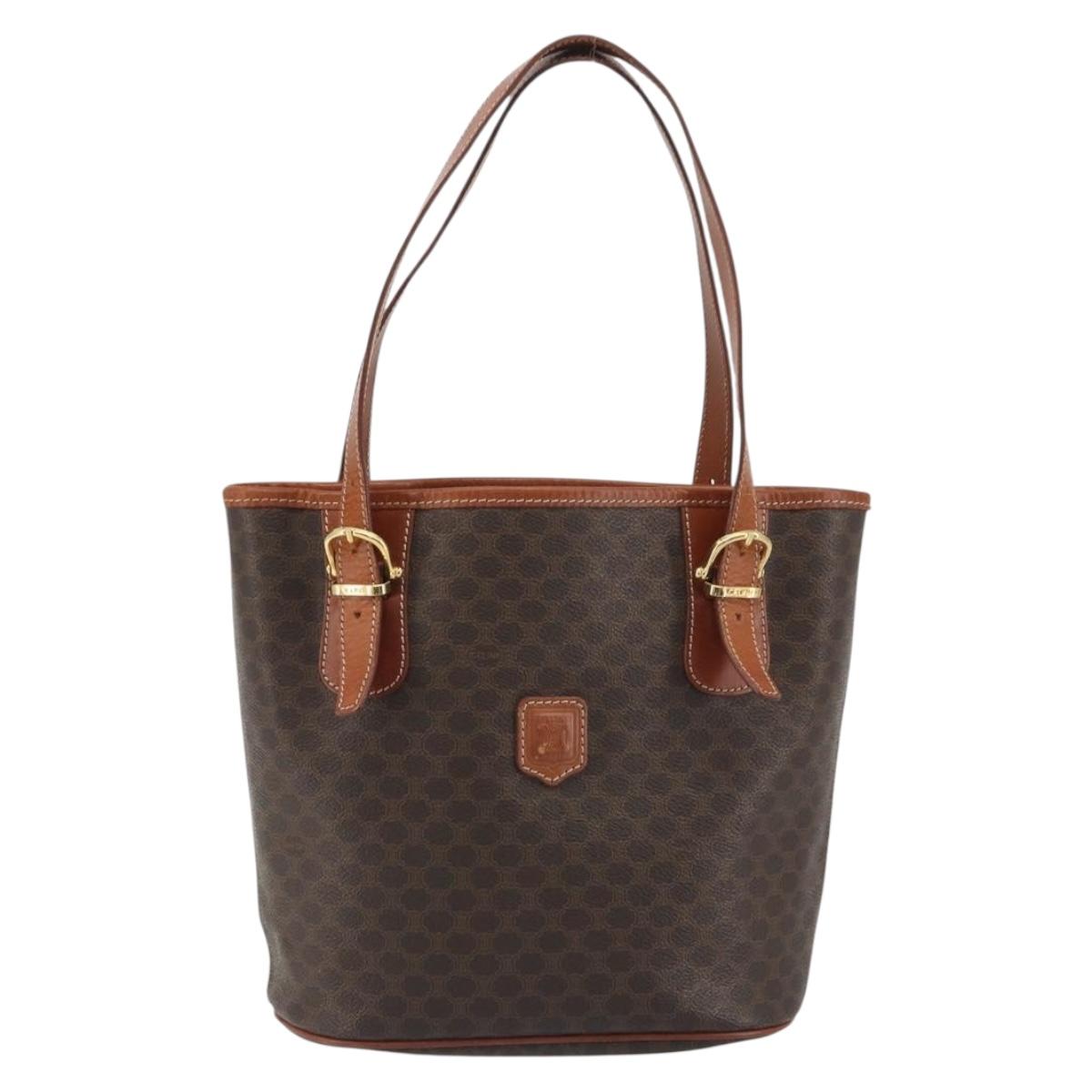 CELINE Macadam Canvas Tote Bag PVC Leather Brown Gold Auth mr2863