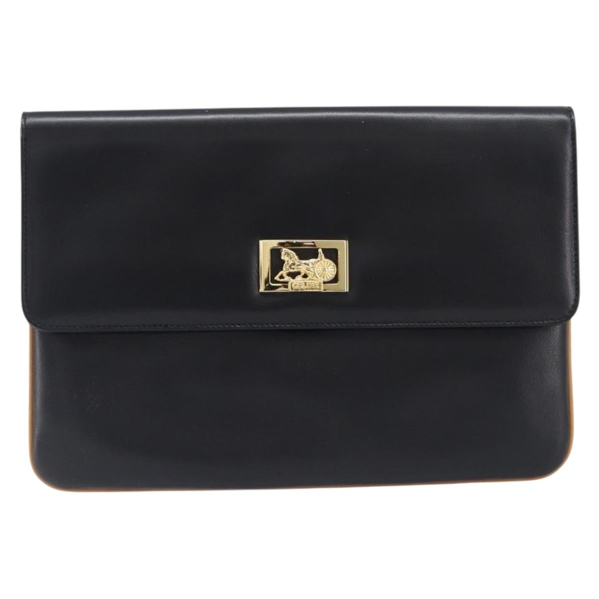 CELINE Clutch Bag Leather Black Gold Auth mr2864A