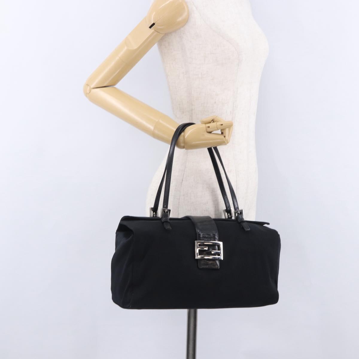 FENDI Zucchino Canvas Mamma Baguette Hand Bag Black Silver Auth mr2871A