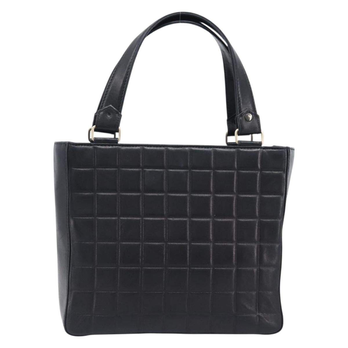CHANEL Choco Bar Line Hand Bag Leather Black Gold CC Auth mr2875