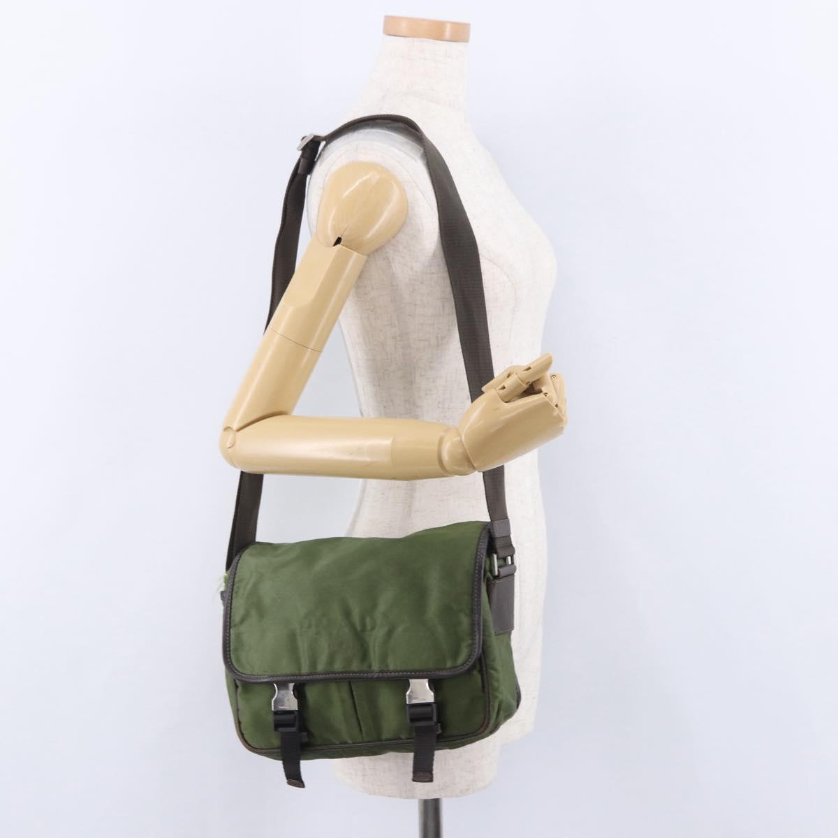 PRADA Shoulder Bag Nylon Khaki Silver Auth mr2884