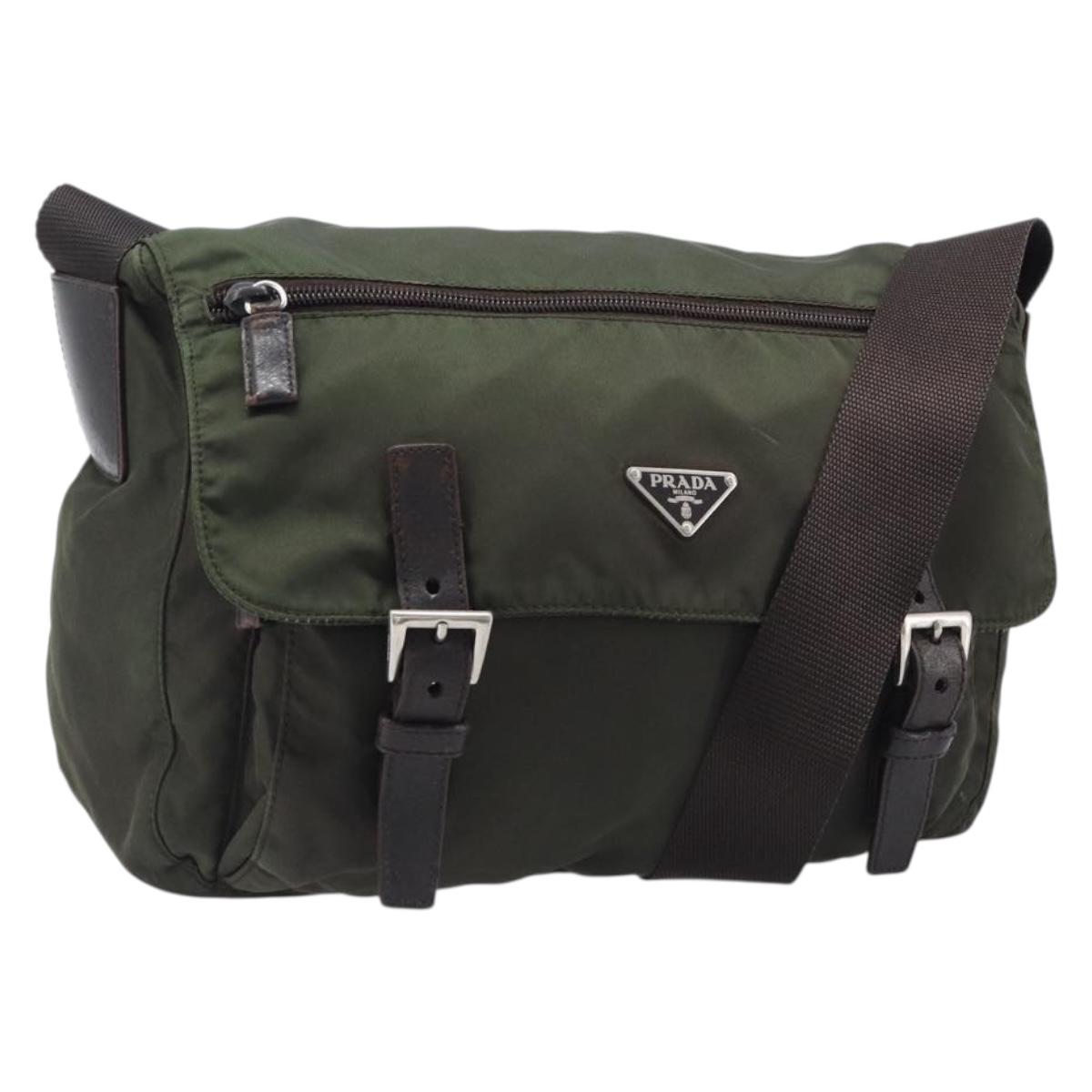PRADA Shoulder Bag Nylon Khaki Silver Auth mr2887