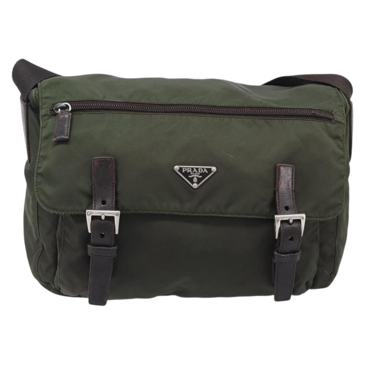 PRADA Shoulder Bag Nylon Khaki Silver Auth mr2887