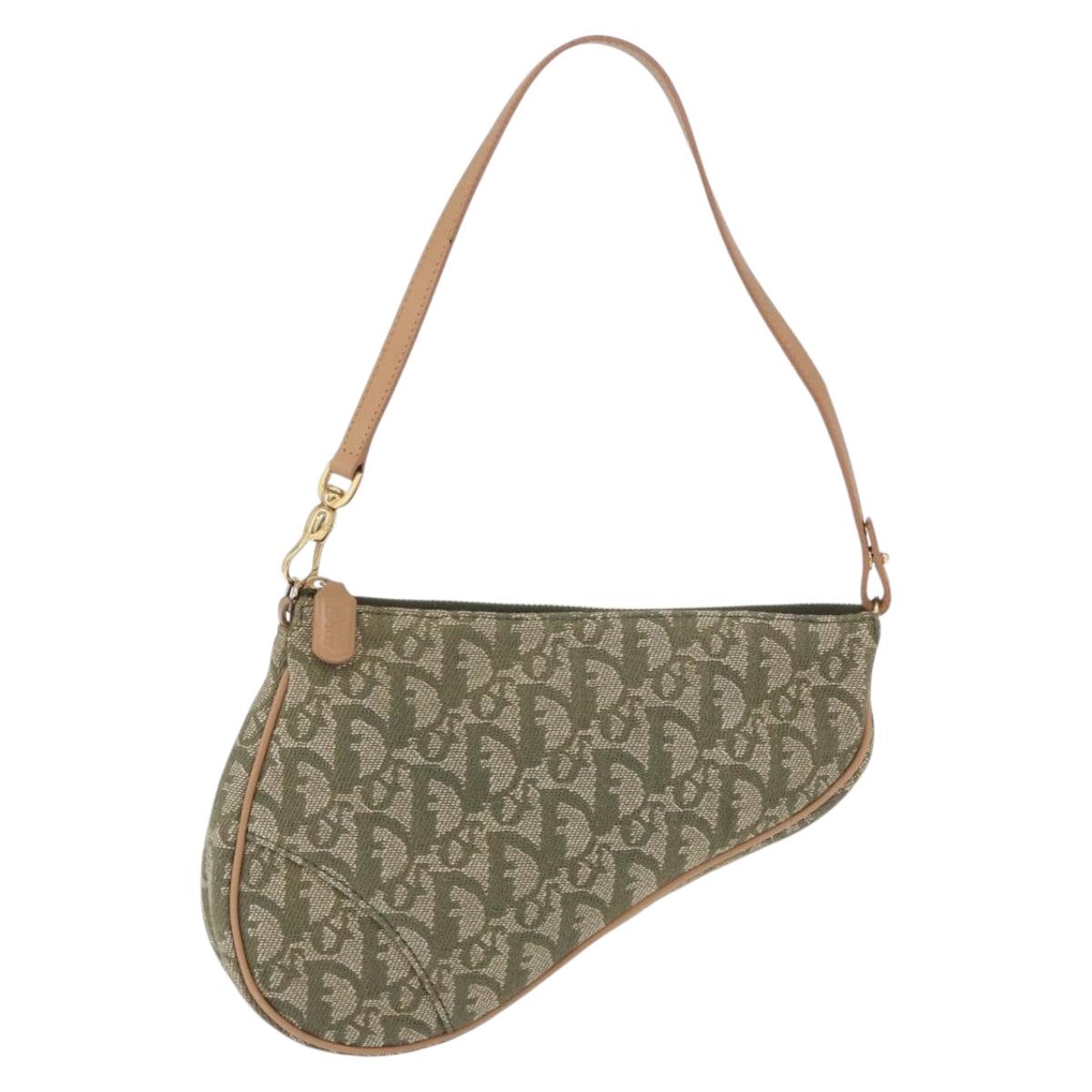 Christian Dior Trotter Canvas Saddle Pouch Hand Bag Khaki Gold Auth mr2899V