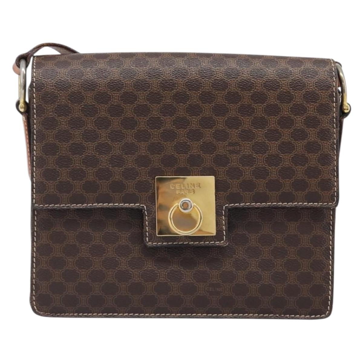 CELINE Macadam Canvas Shoulder Bag PVC Leather Brown Gold Auth mr2903