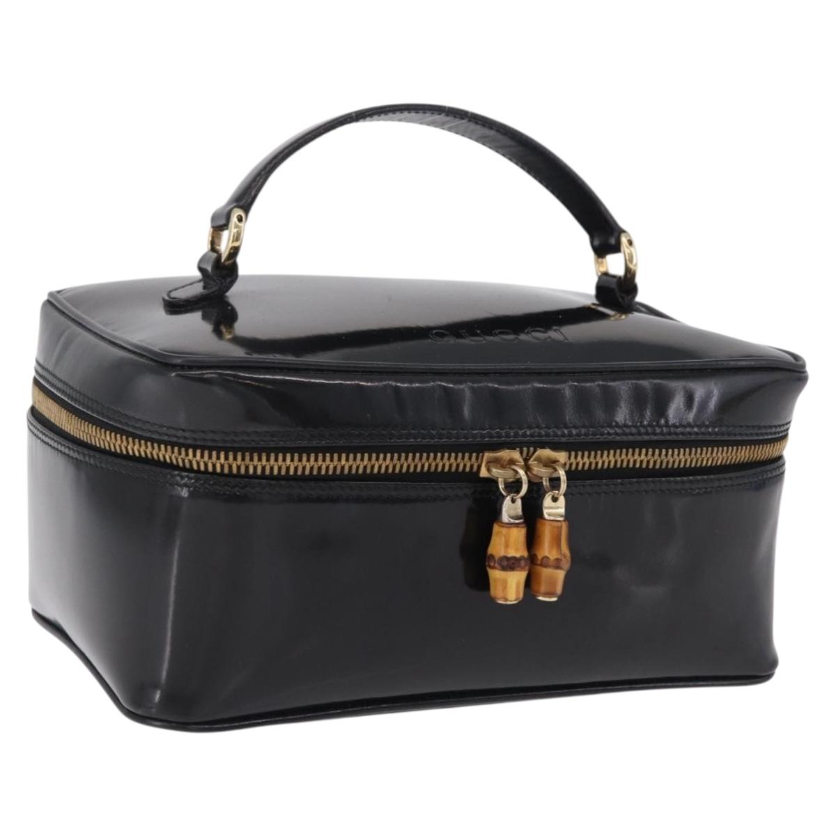 GUCCI Bamboo Vanity bag Cosmetic Pouch Patent Black 032 200159 0150 Auth mr2924