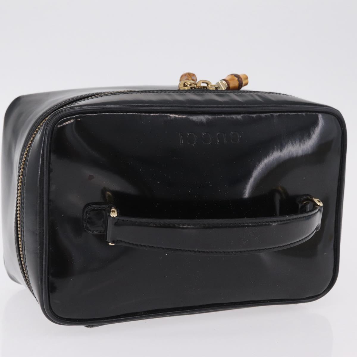 GUCCI Bamboo Vanity bag Cosmetic Pouch Patent Black 032 200159 0150 Auth mr2924