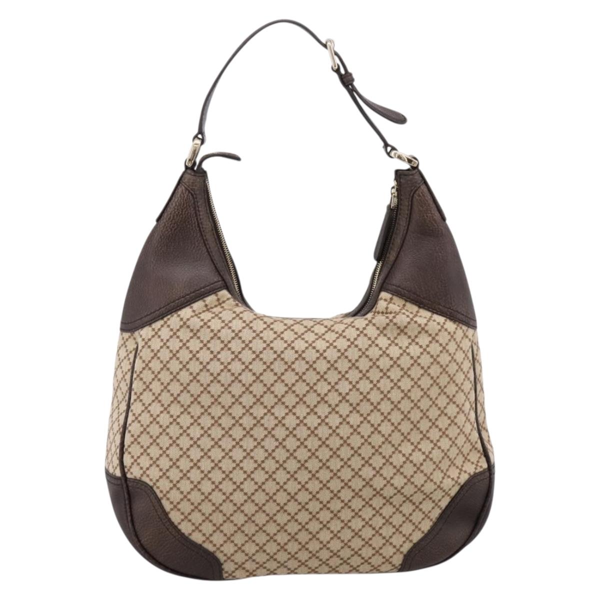 GUCCI Diamante Horsebit Shoulder Bag Canvas Beige Gold Tone Auth mr2925V