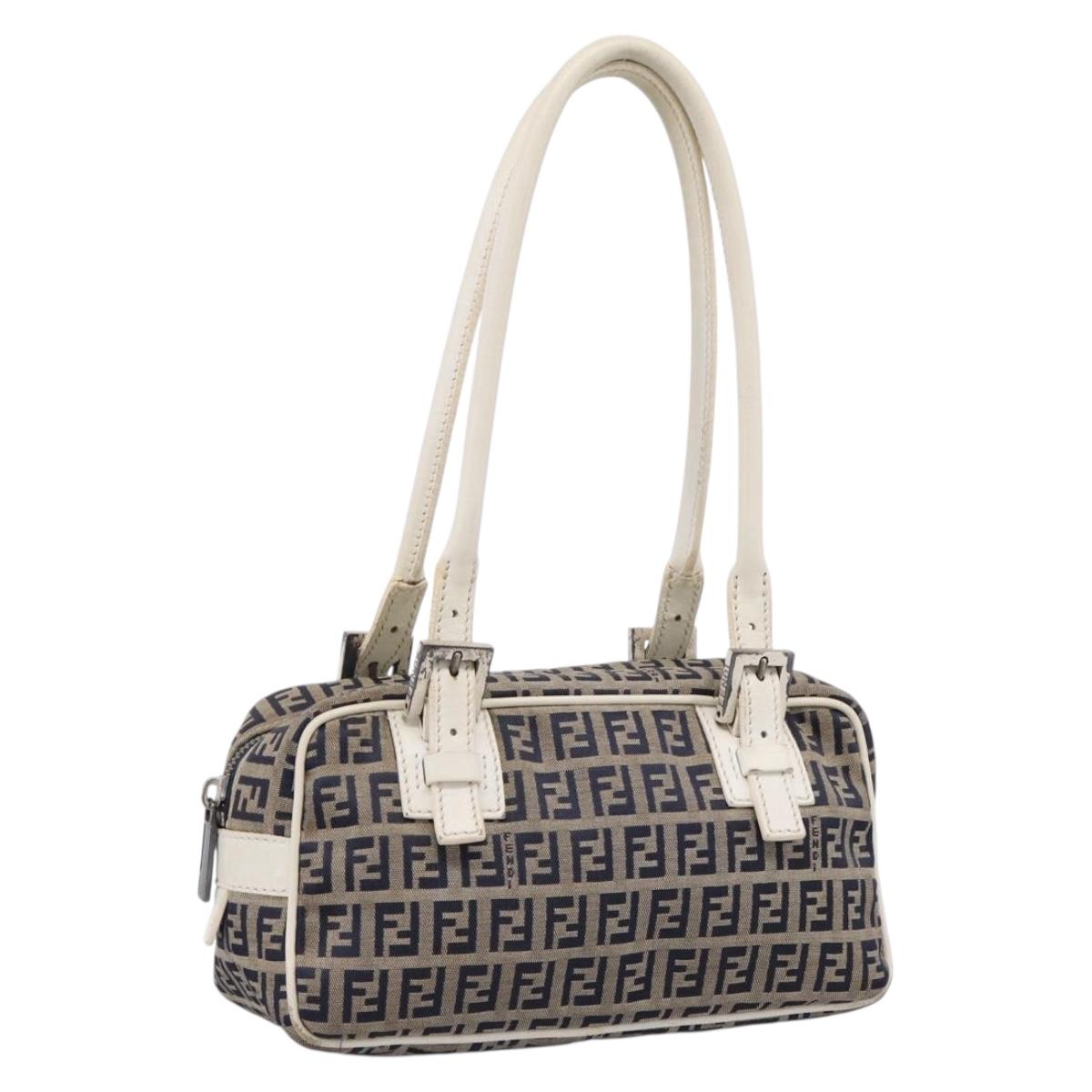 FENDI Zucchino Canvas Hand Bag Navy Silver 8BN004 Auth mr2935