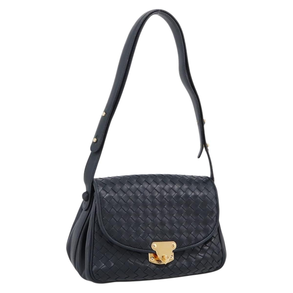 Bottega Veneta INTRECCIATO Shoulder Bag Leather Black Gold Tone Auth mr2936