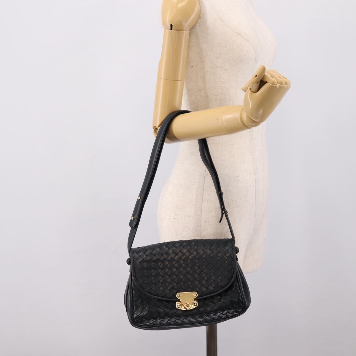 Bottega Veneta INTRECCIATO Shoulder Bag Leather Black Gold Tone Auth mr2936