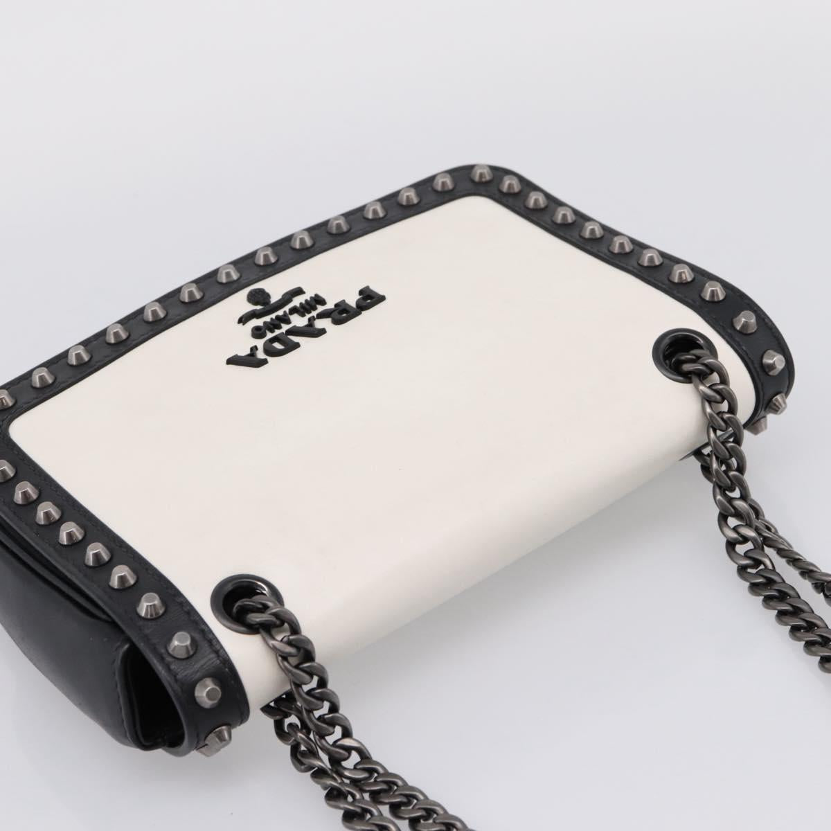 PRADA Chain Shoulder Bag Leather White Black Auth mr2939A