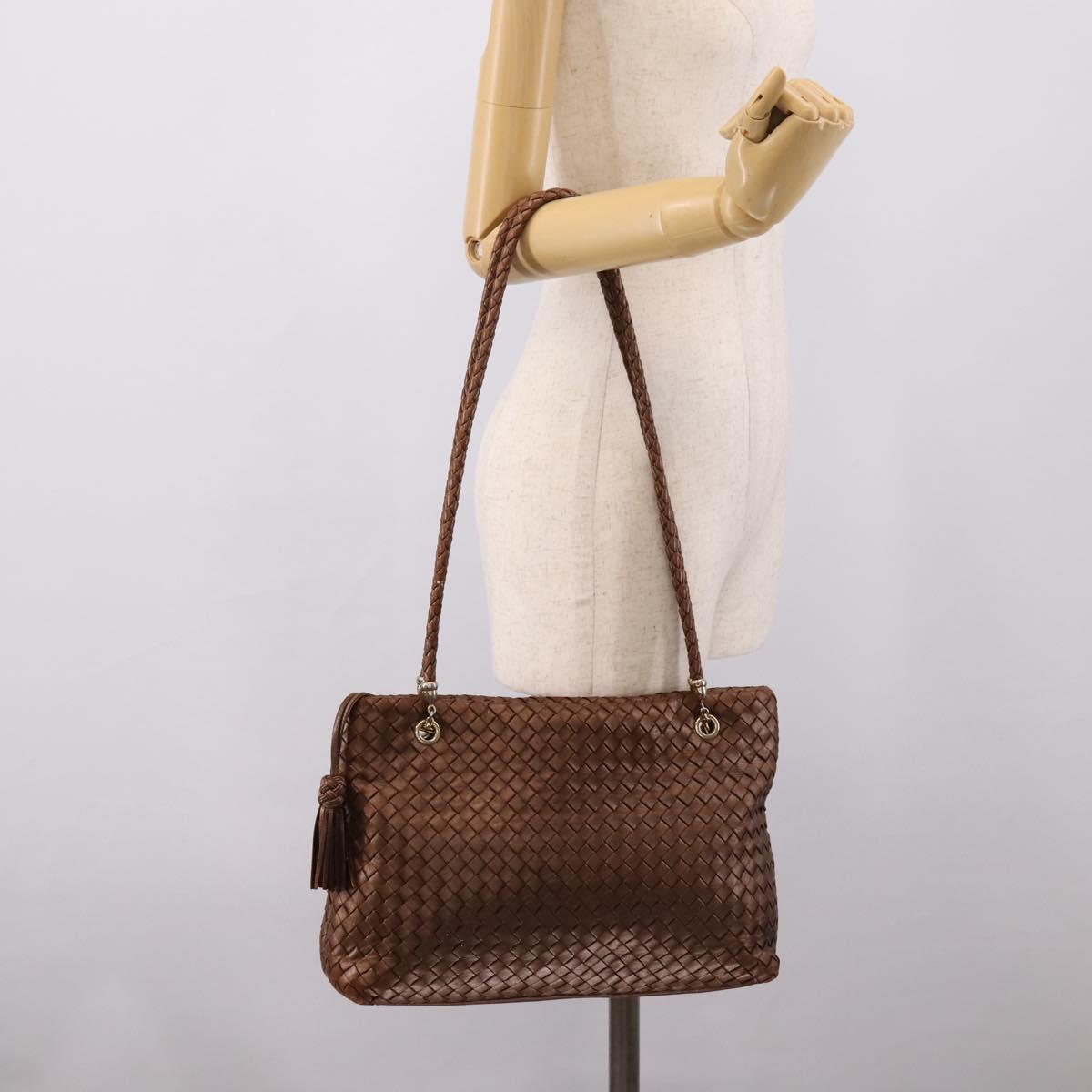 Bottega Veneta INTRECCIATO Shoulder Bag Leather Brown Gold Tone Auth mr2943A