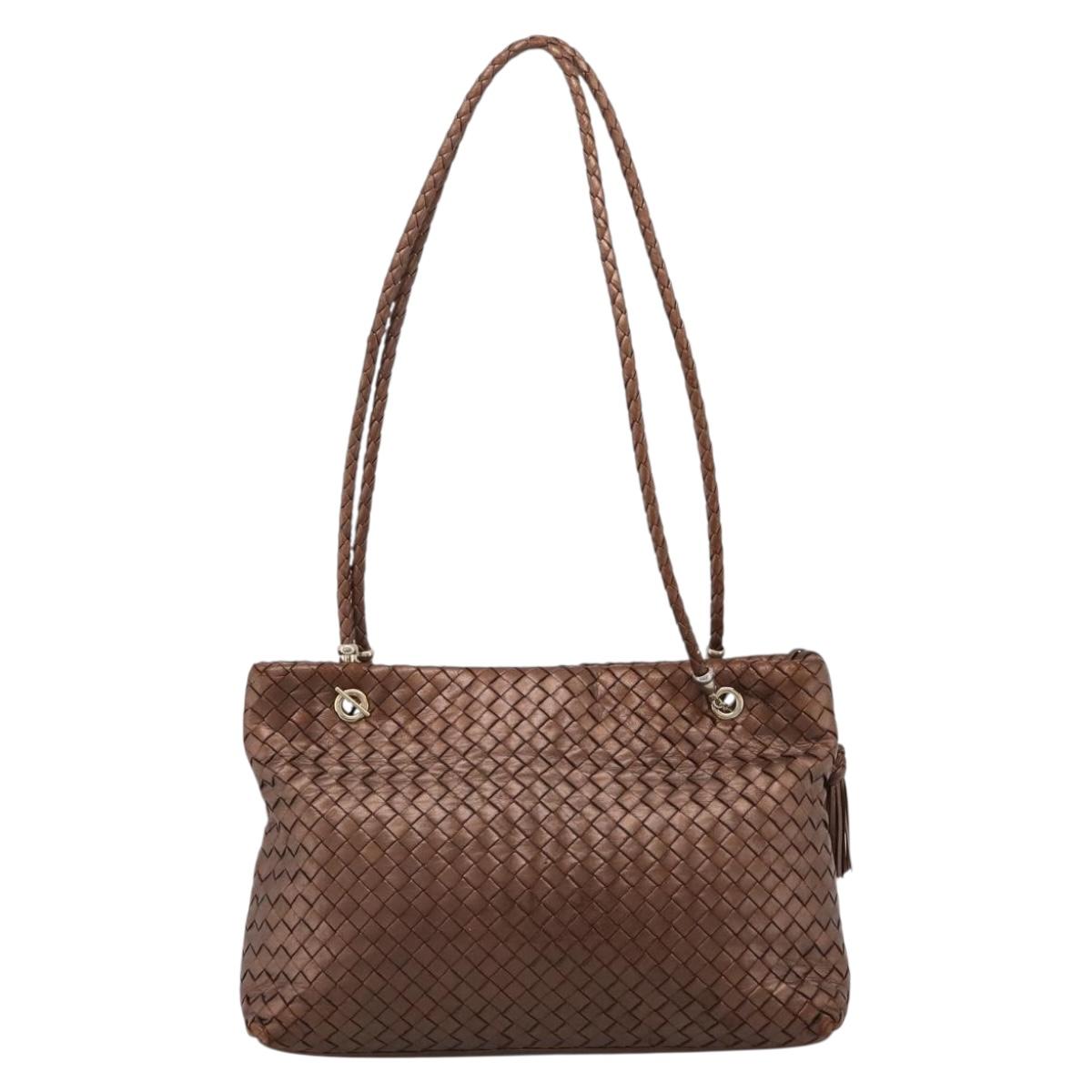 Bottega Veneta INTRECCIATO Shoulder Bag Leather Brown Gold Tone Auth mr2943A