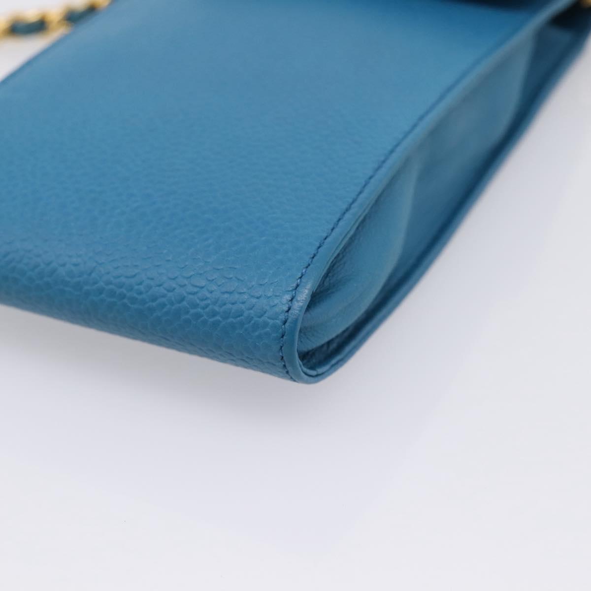 CHANEL Chain Shoulder Bag Caviar Skin Blue Gold Tone CC Auth mr2946V