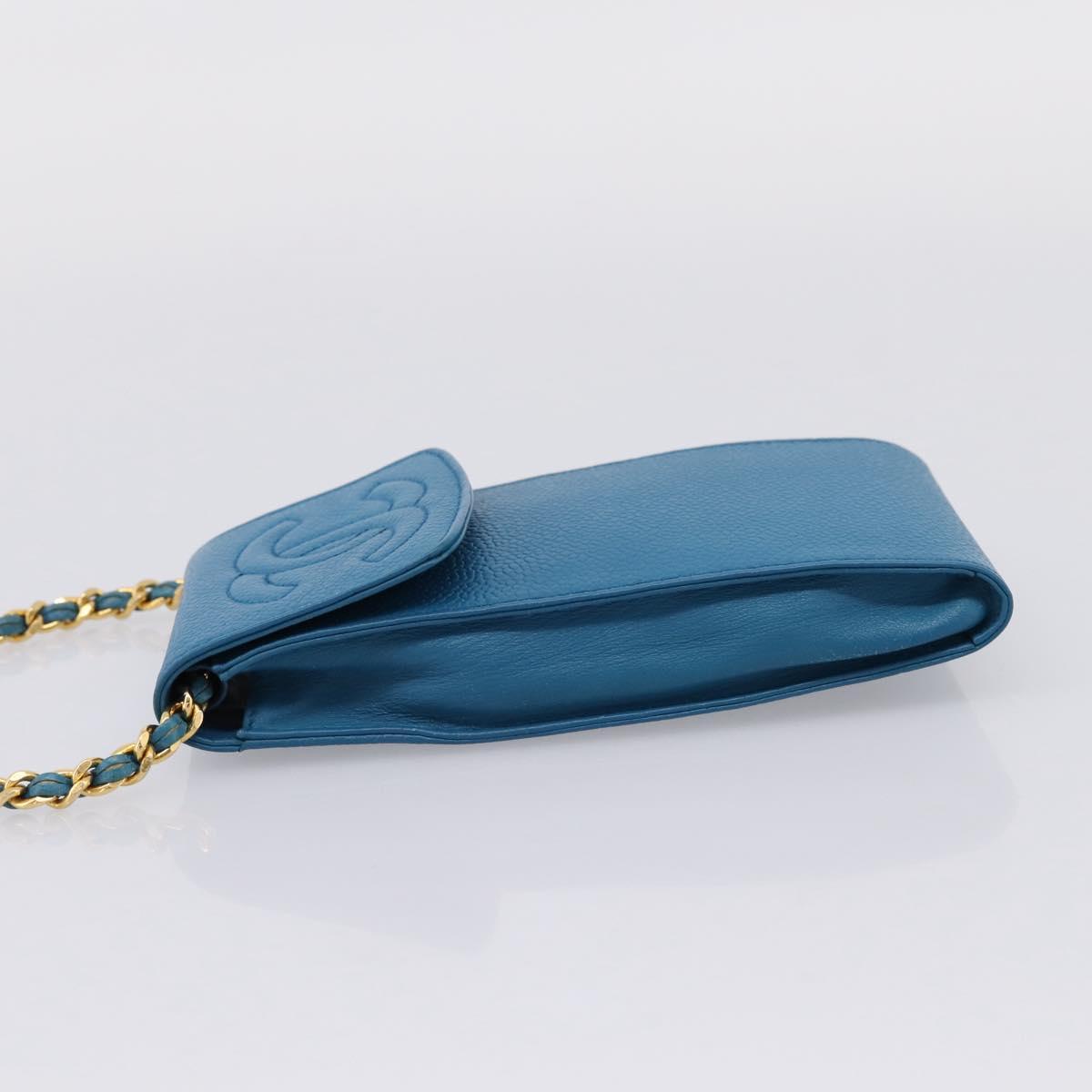 CHANEL Chain Shoulder Bag Caviar Skin Blue Gold Tone CC Auth mr2946V
