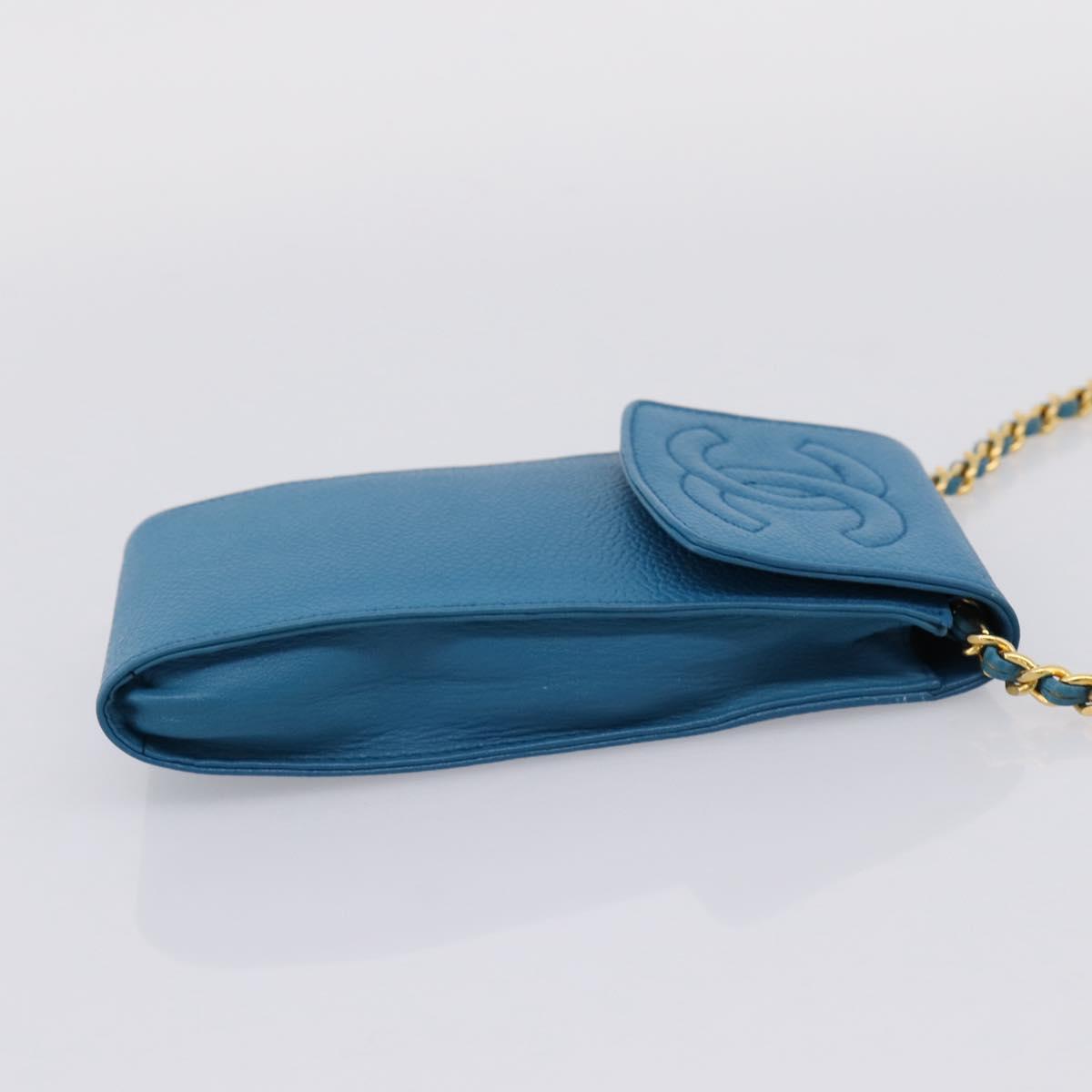 CHANEL Chain Shoulder Bag Caviar Skin Blue Gold Tone CC Auth mr2946V