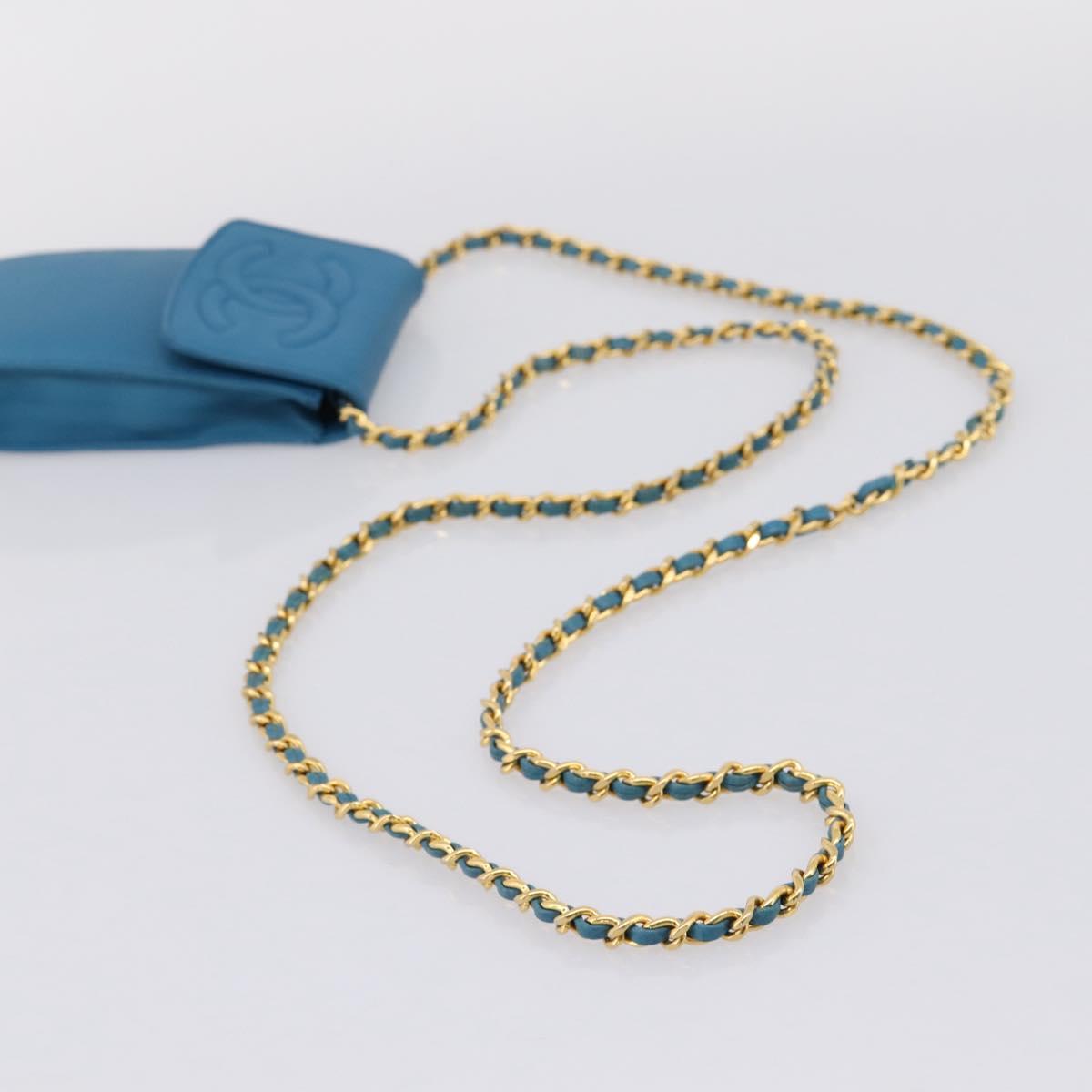 CHANEL Chain Shoulder Bag Caviar Skin Blue Gold Tone CC Auth mr2946V