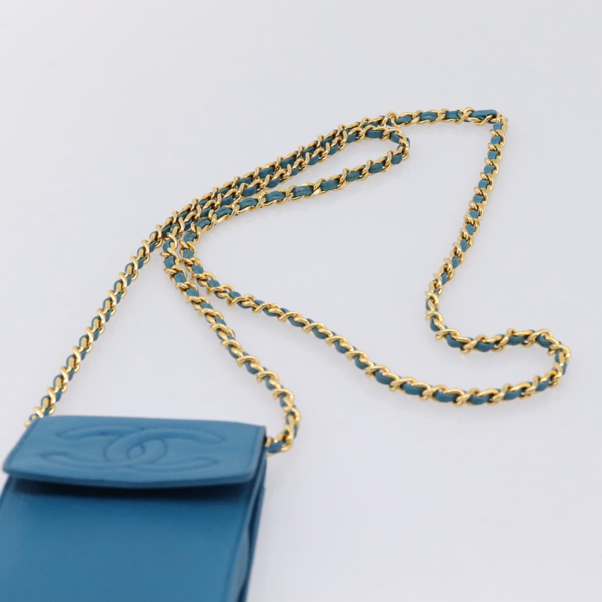 CHANEL Chain Shoulder Bag Caviar Skin Blue Gold Tone CC Auth mr2946V