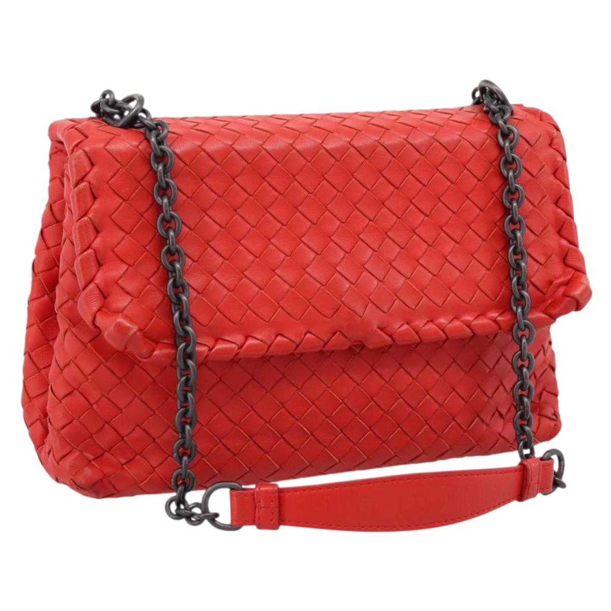 Bottega Veneta INTRECCIATO Chain Shoulder Bag Leather Red Auth mr2950A