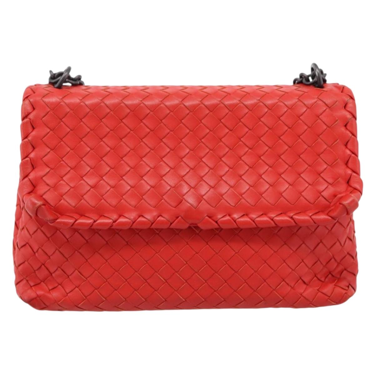 Bottega Veneta INTRECCIATO Chain Shoulder Bag Leather Red Auth mr2950A