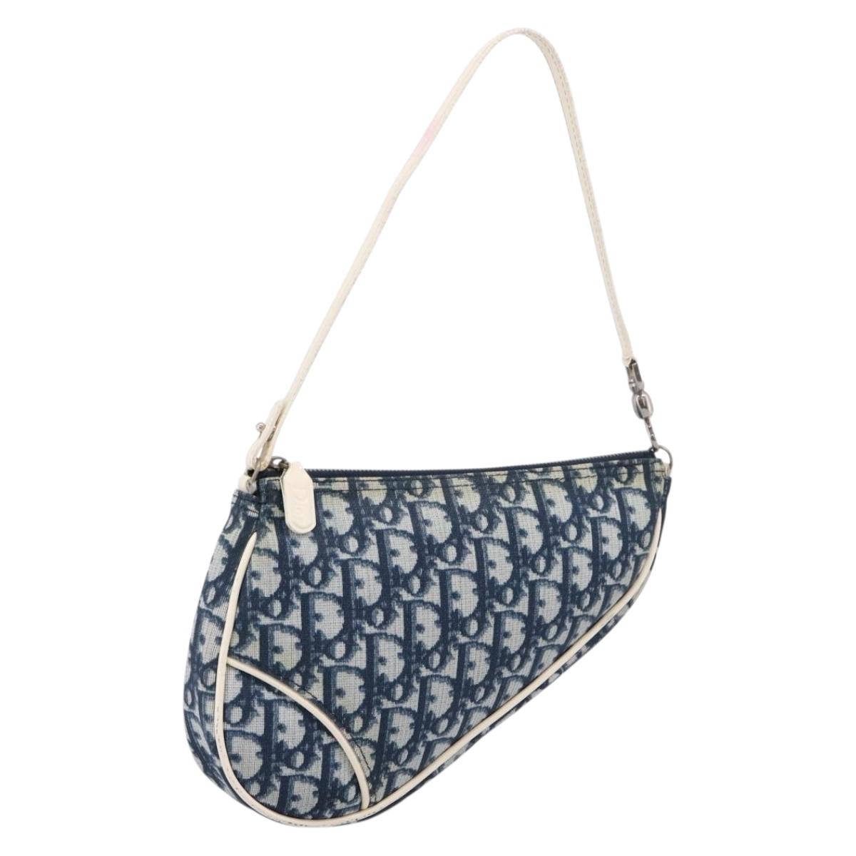 Christian Dior Trotter Saddle Pouch PVC Navy Silver Auth mr2963A