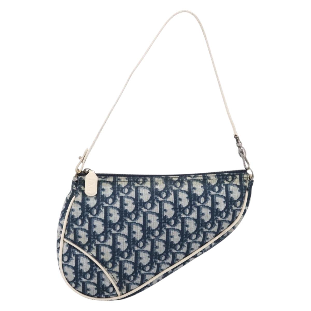 Christian Dior Trotter Saddle Pouch PVC Navy Silver Auth mr2963A