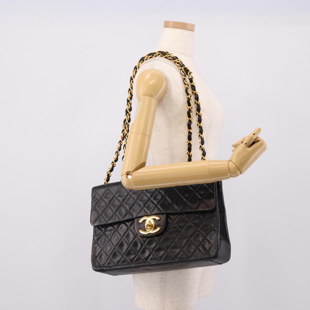 CHANEL Matelasse Big Matelasse 34 Shoulder Bag Lamb Skin Black CC Auth mr2970SAV