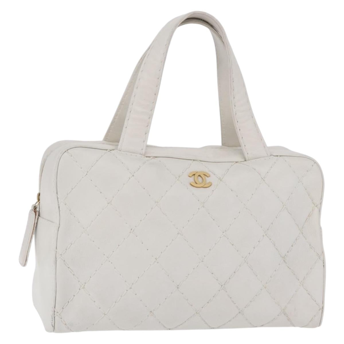 CHANEL Wild Stitch Hand Bag Leather White Gold Tone CC Auth mr2972