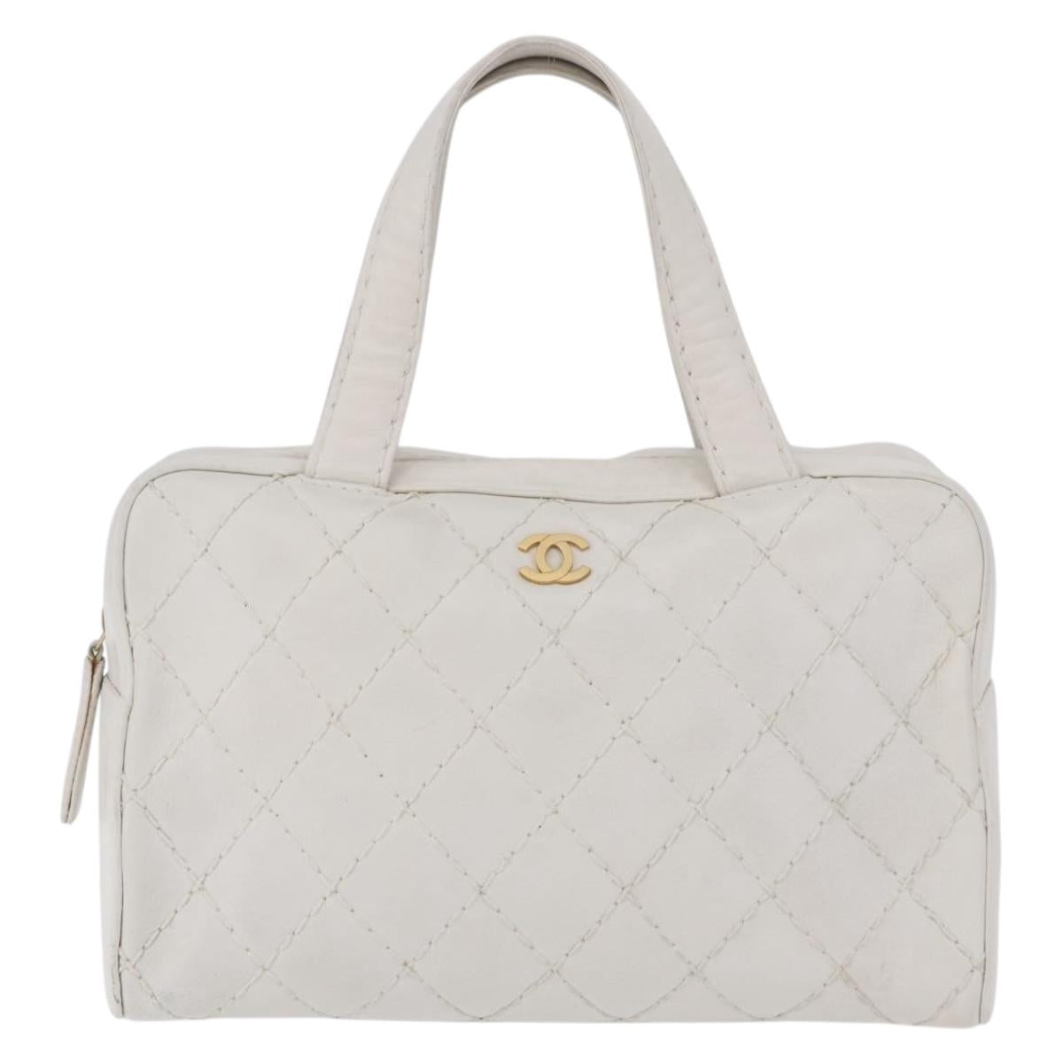 CHANEL Wild Stitch Hand Bag Leather White Gold Tone CC Auth mr2972