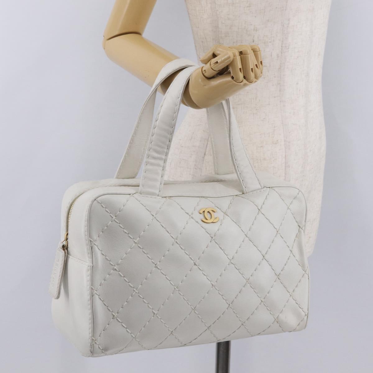 CHANEL Wild Stitch Hand Bag Leather White Gold Tone CC Auth mr2972