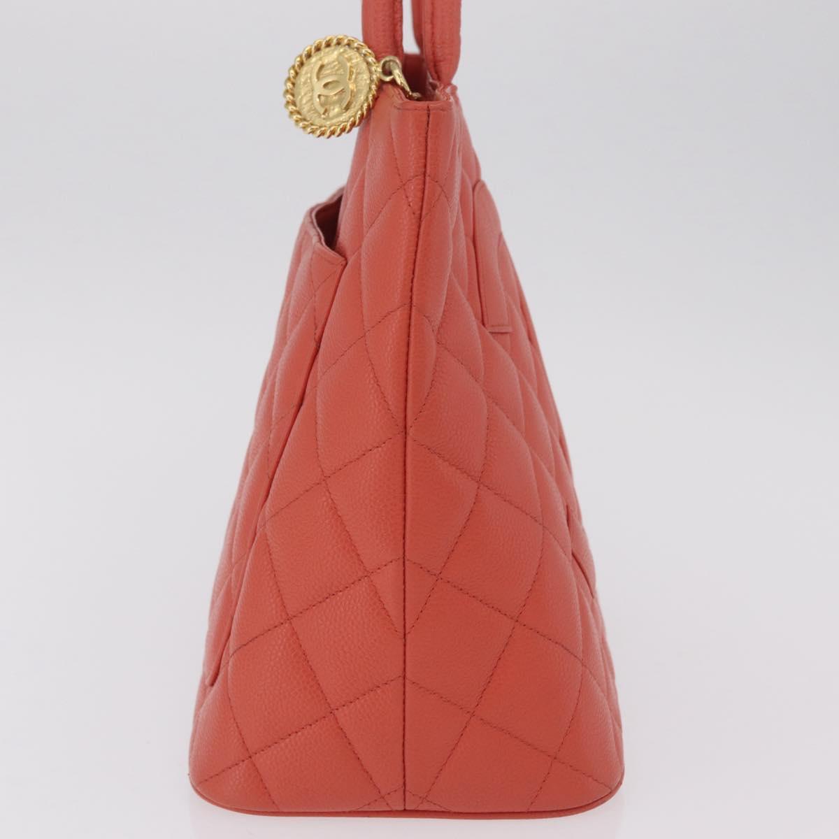 CHANEL Hand Bag Caviar Skin Orange Gold Tone CC Auth mr2973A