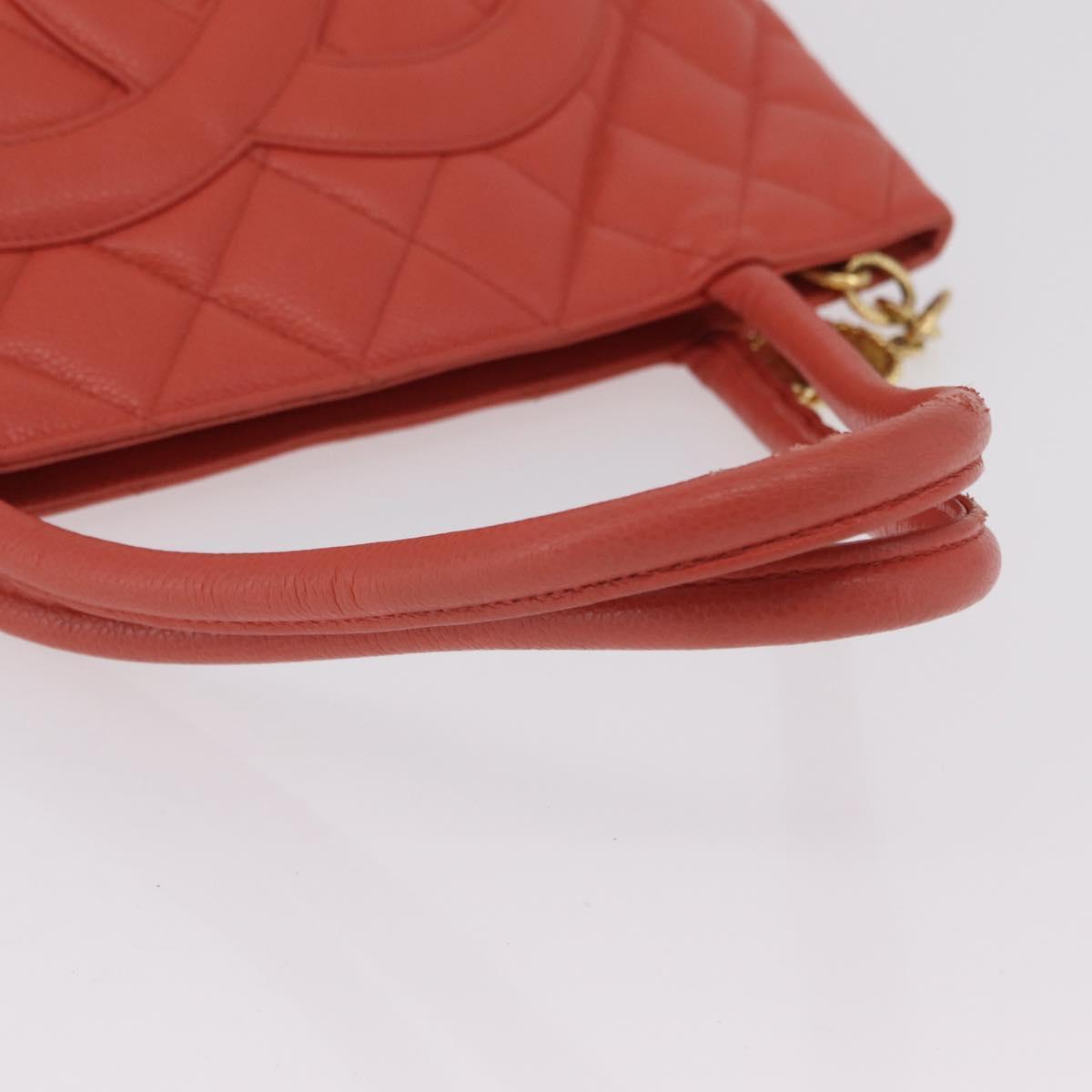 CHANEL Hand Bag Caviar Skin Orange Gold Tone CC Auth mr2973A