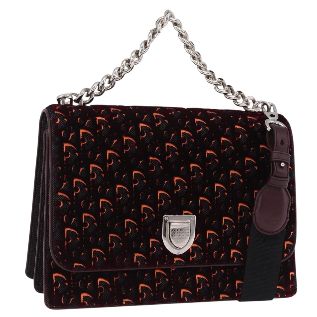 Christian Dior Oblique Diorama Hand Bag Velor 2way Red Silver Auth mr2986V