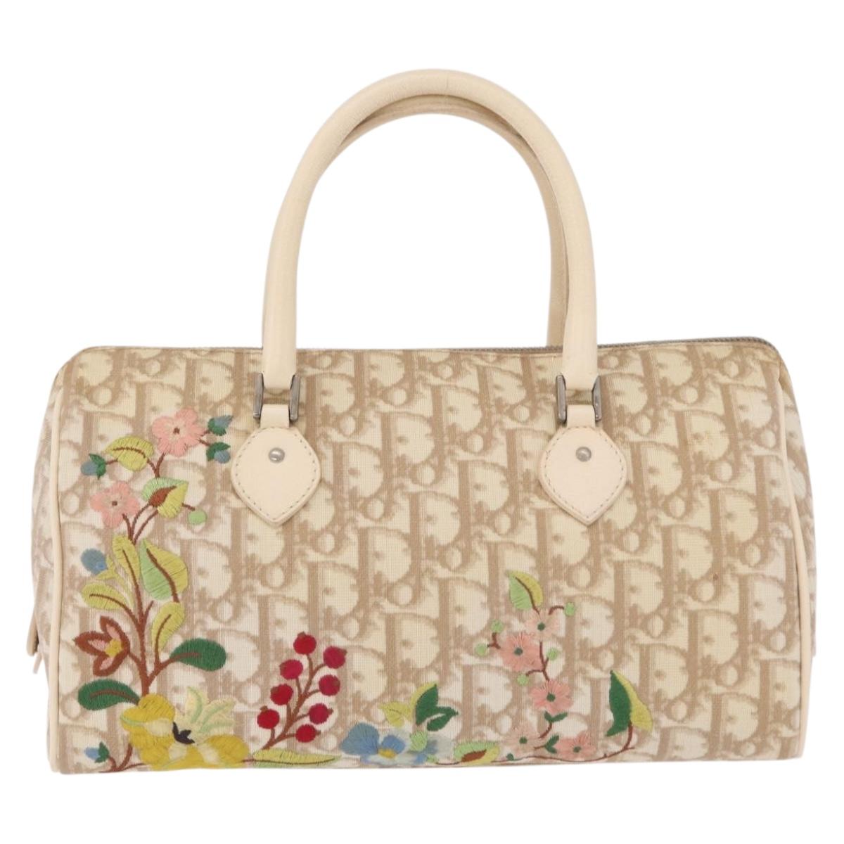 Christian Dior Trotter Floral Hand Bag PVC Beige Silver Auth mr2988V