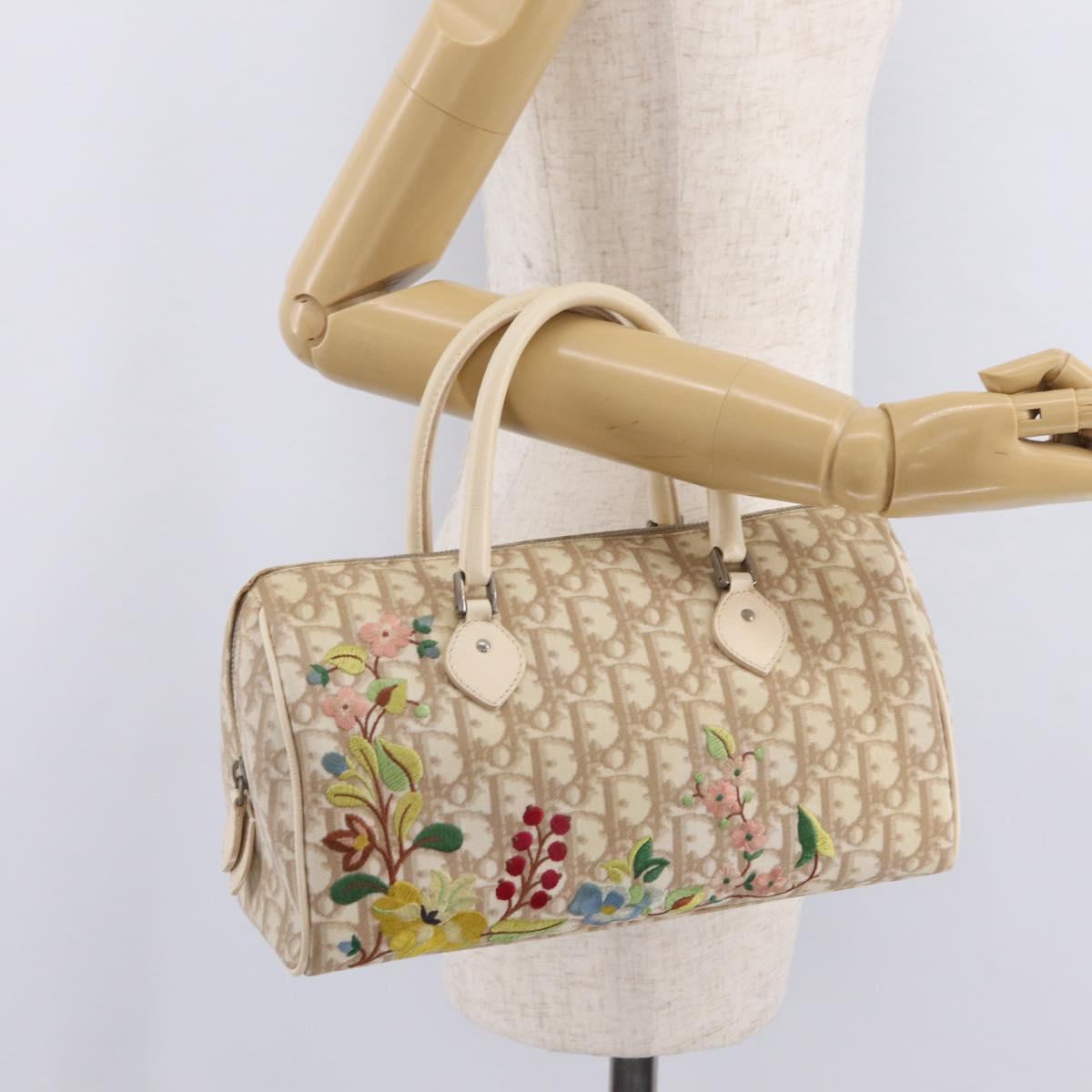 Christian Dior Trotter Floral Hand Bag PVC Beige Silver Auth mr2988V