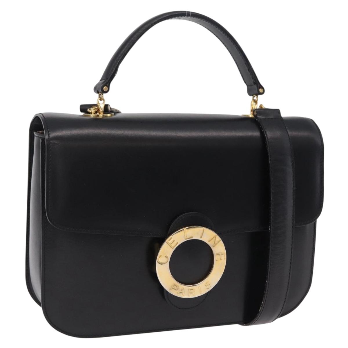 CELINE Hand Bag Leather 2way Black Gold Tone Auth mr2993