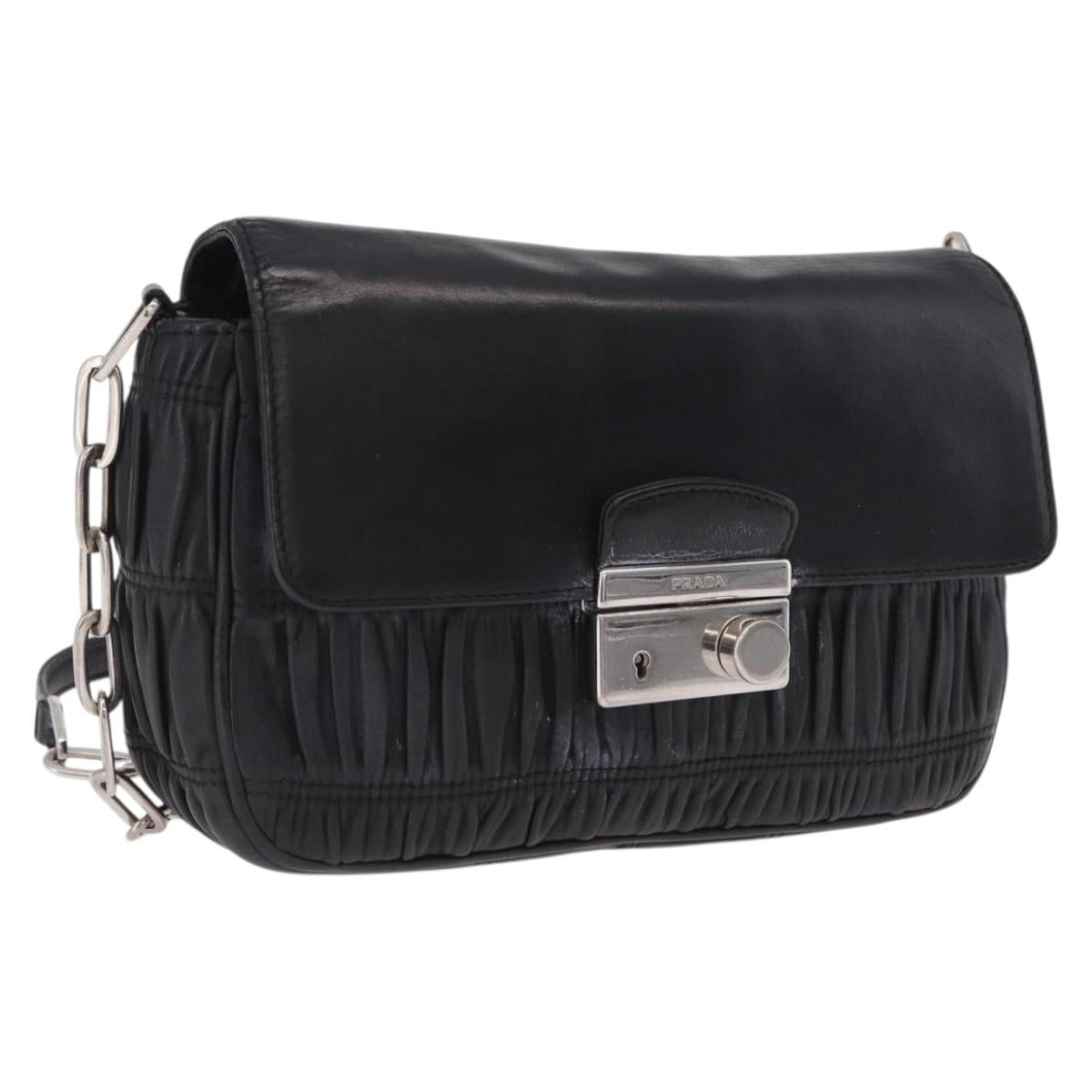 PRADA Chain Shoulder Bag Leather Black Silver Auth mr3021