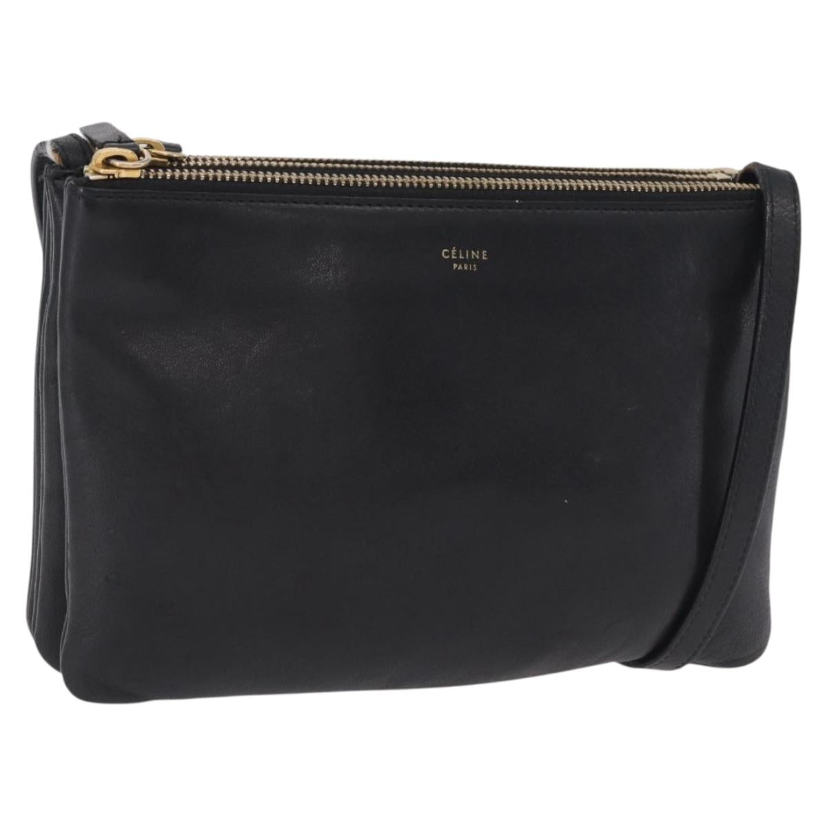 CELINE Trio Shoulder Bag Leather Black Gold Tone Auth mr3023