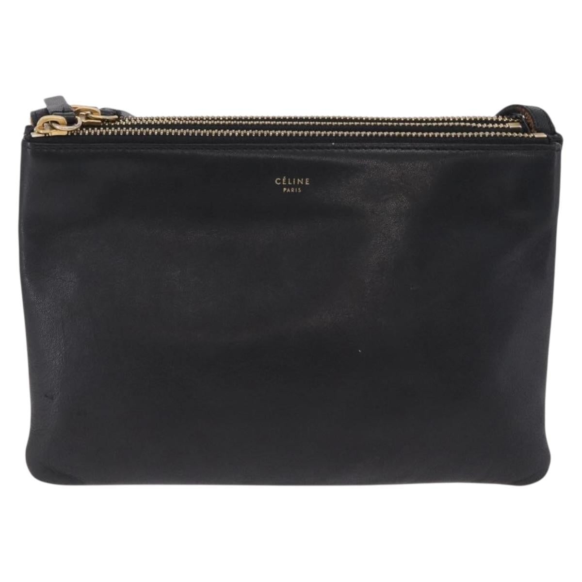 CELINE Trio Shoulder Bag Leather Black Gold Tone Auth mr3023