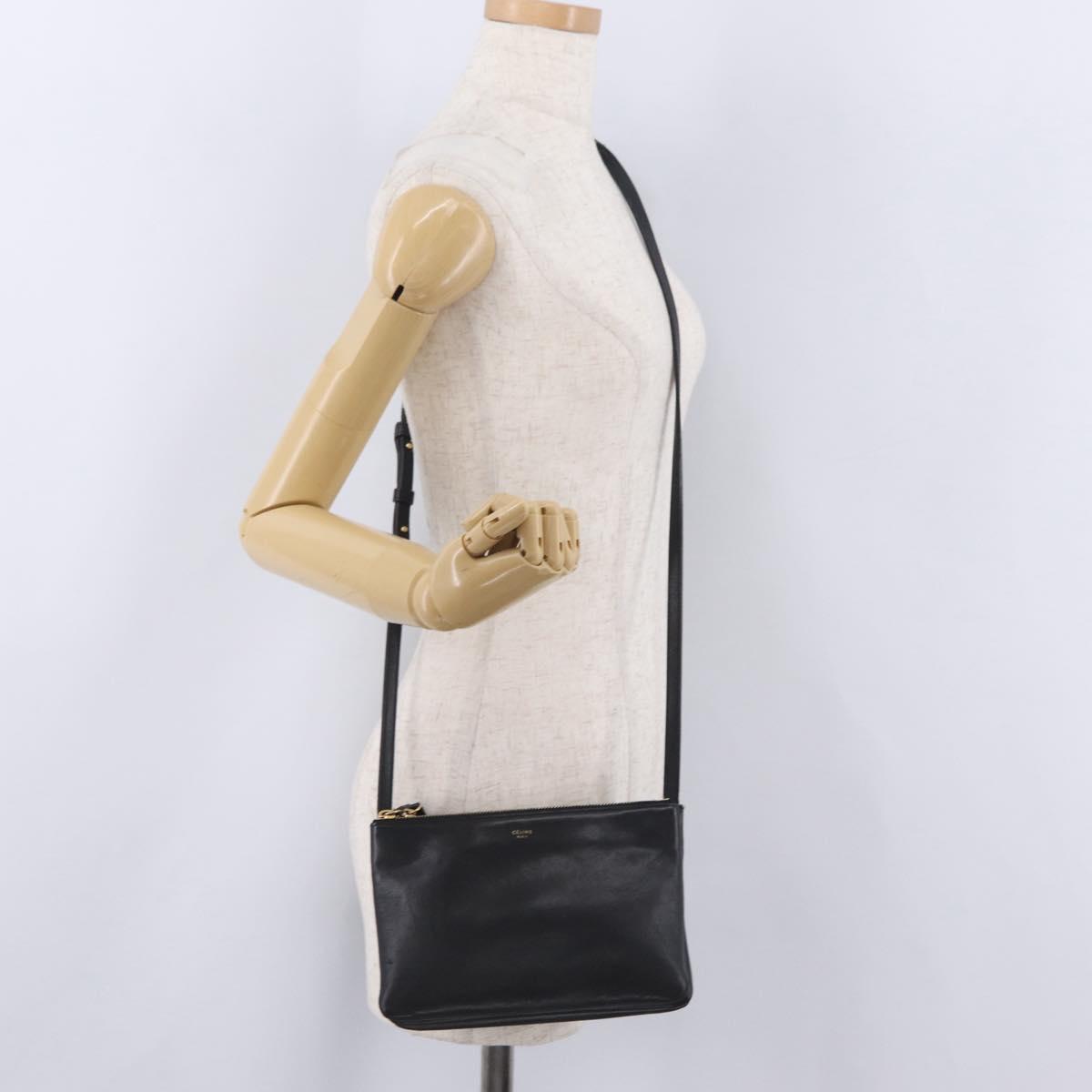 CELINE Trio Shoulder Bag Leather Black Gold Tone Auth mr3023