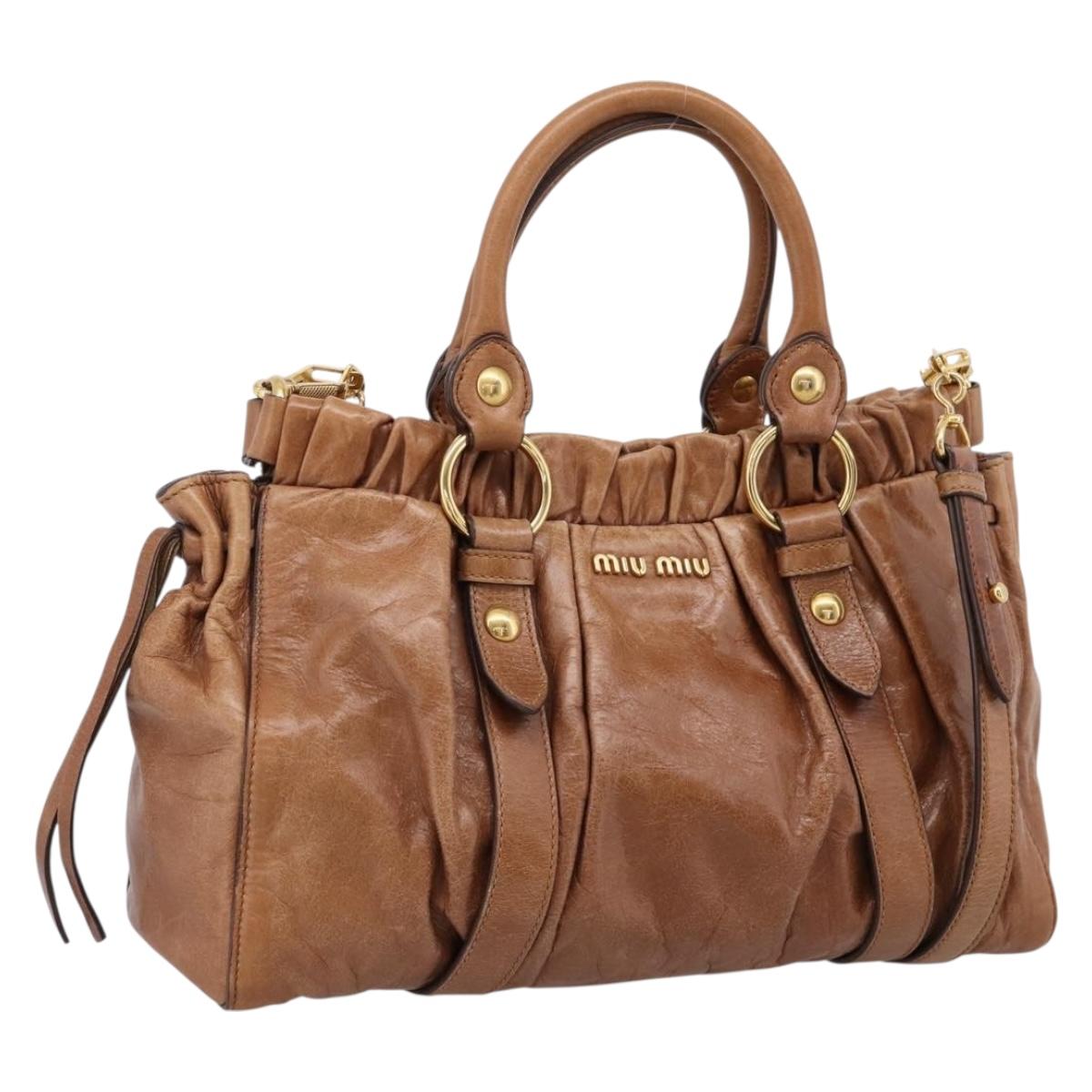 Miu Miu Hand Bag Leather 2way Brown Gold Tone Auth mr3024V