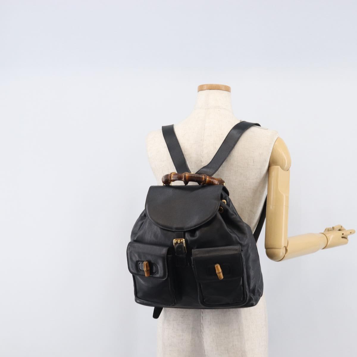 GUCCI Bamboo Backpack Leather Black Gold Tone 003 38 0016 Auth mr3026A