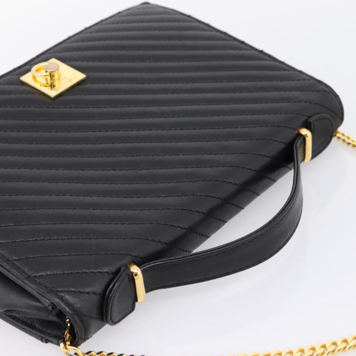 CELINE Hand Bag Leather 2way Black Gold Tone Auth mr3033V