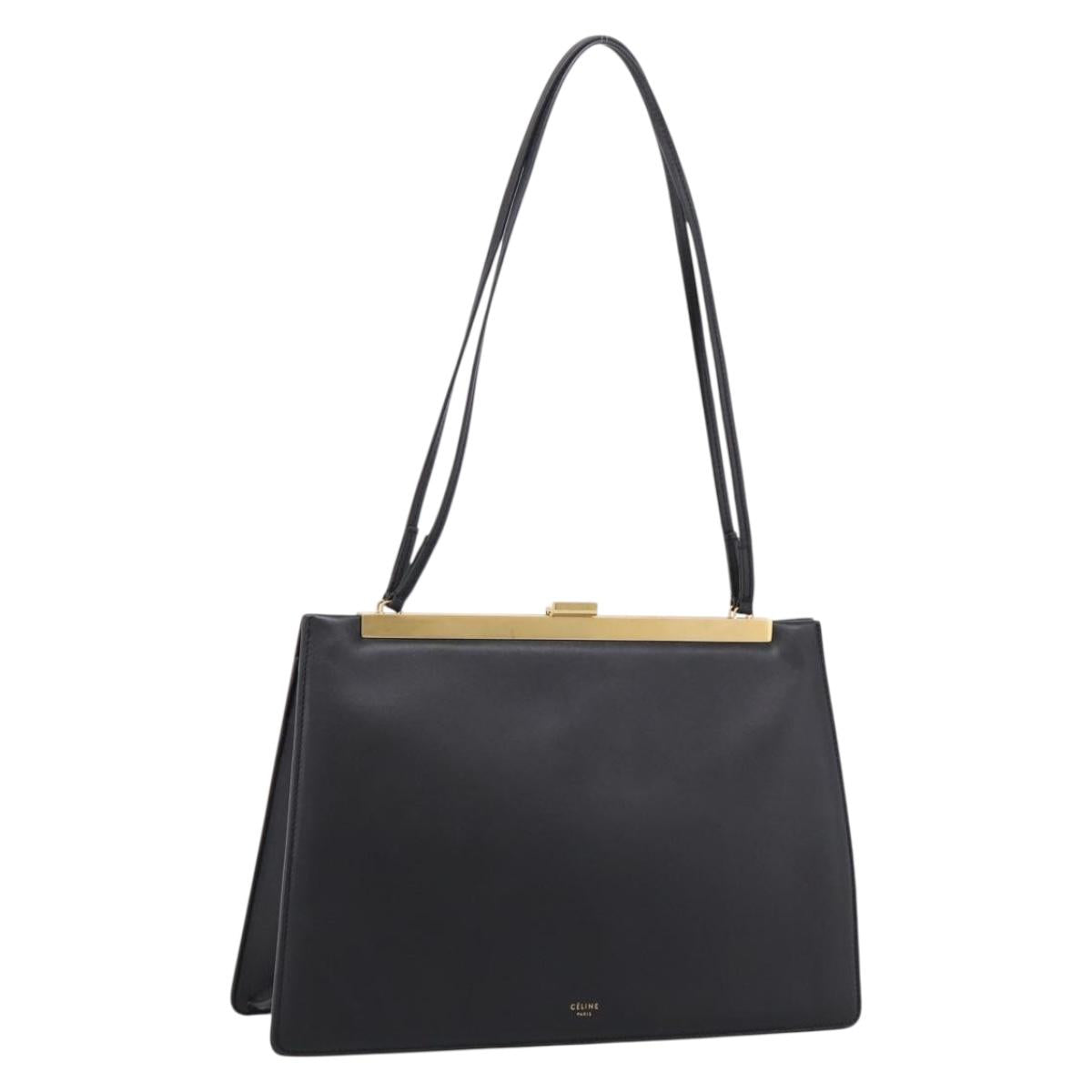 CELINE Soft Clasp Medium Shoulder Bag Leather Black Gold Tone Auth mr3051SM