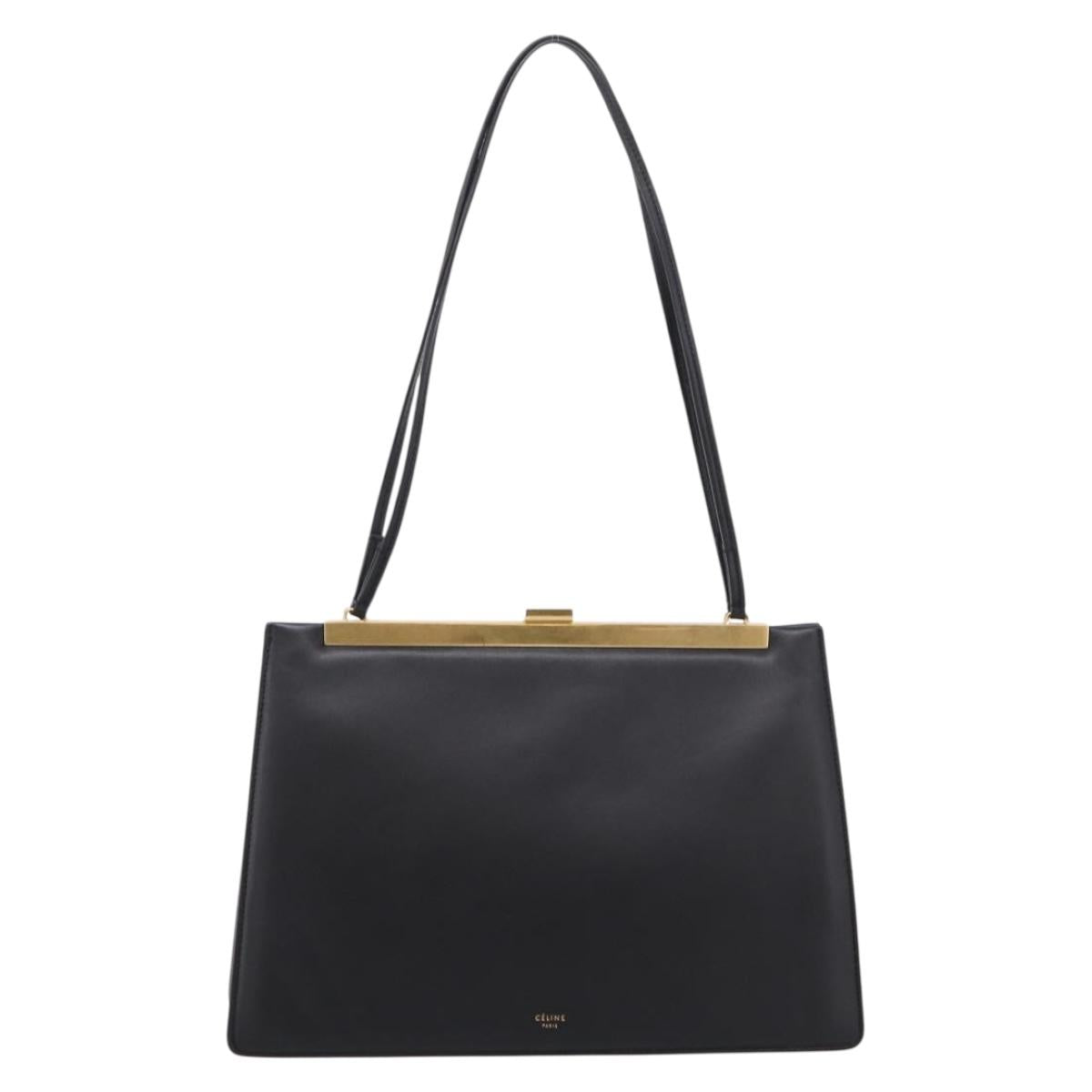 CELINE Soft Clasp Medium Shoulder Bag Leather Black Gold Tone Auth mr3051SM
