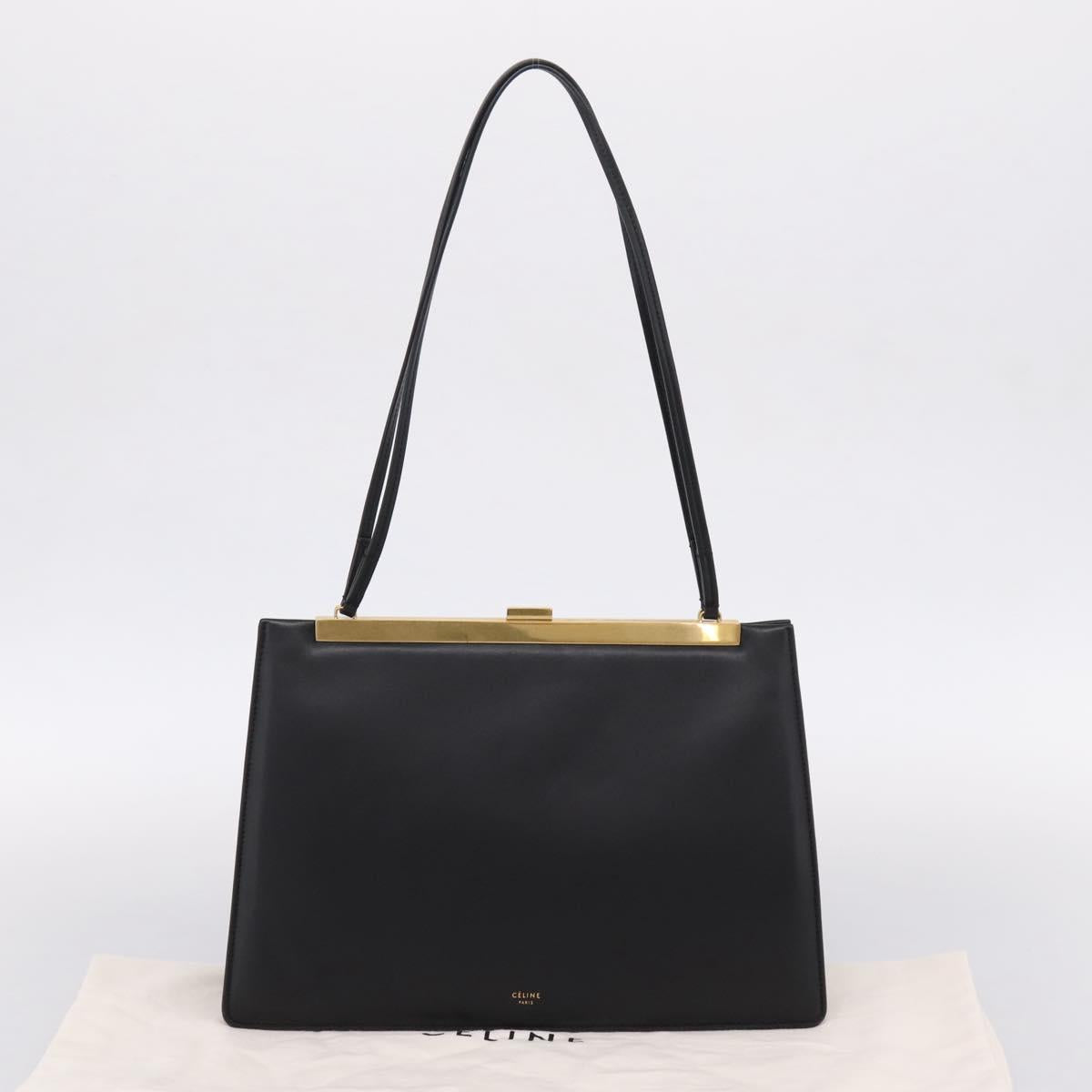 CELINE Soft Clasp Medium Shoulder Bag Leather Black Gold Tone Auth mr3051SM