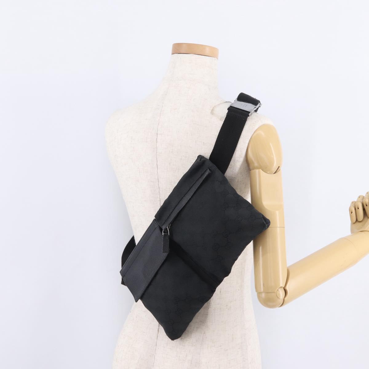 GUCCI GG Canvas Waist Bag Black Silver 28566 Auth mr3080A
